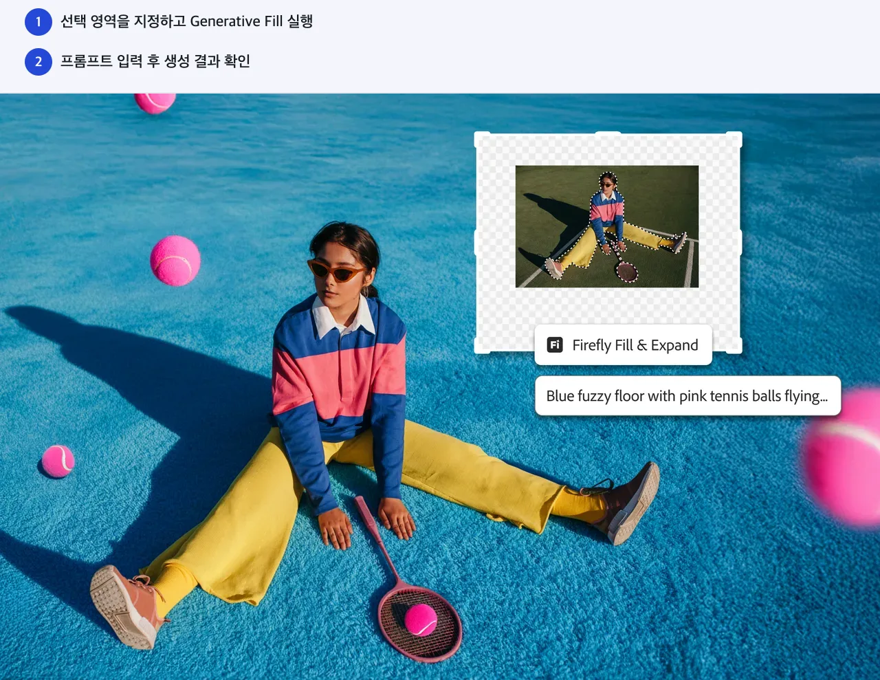 선택 영역을 지정하고 Generative Fill 실행. 프롬프트 입력 후 생성 결과 확인