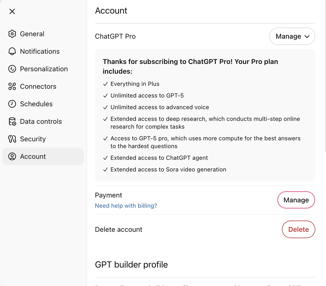 ChatGPT Settings Account Payment Manage screen