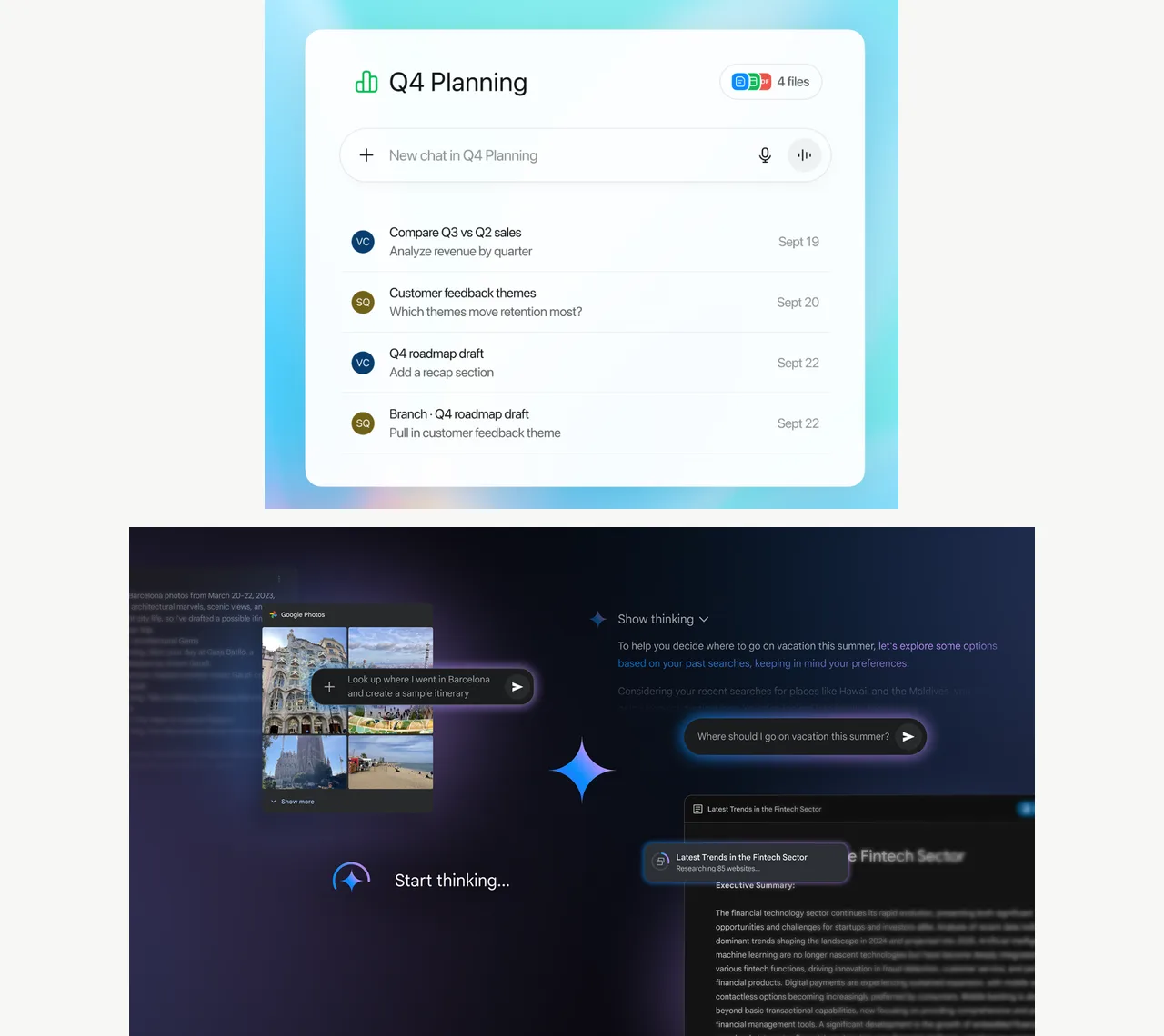 ChatGPT Project workspace with files and recurring work · Gemini app prompting connected apps and Deep Research workspaces