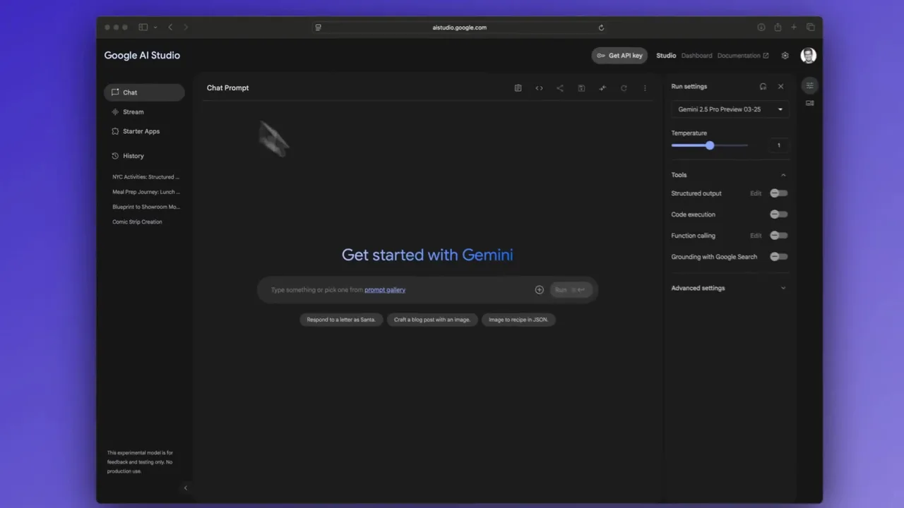 Google AI Studio workspace with the Get API key button