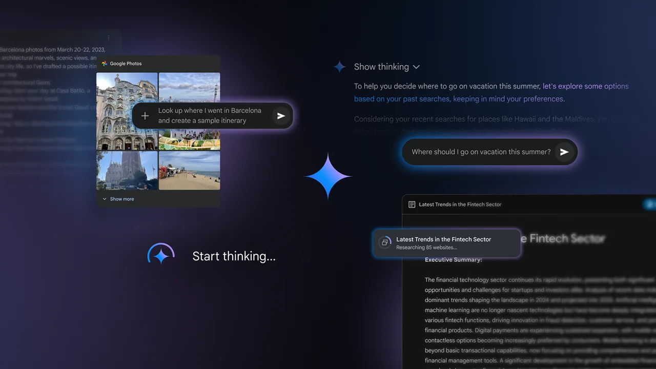 Gemini app prompting connected apps and Deep Research workspaces