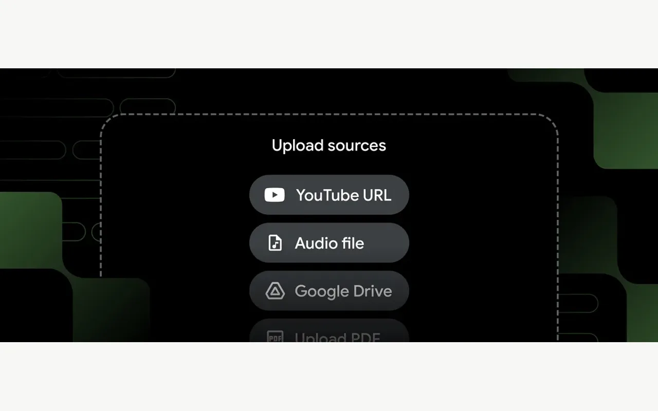 NotebookLM Add sources dialog with Drive PDF website YouTube and audio options