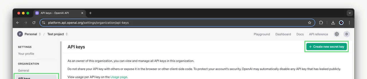 API keys page with Create new secret key highlighted
