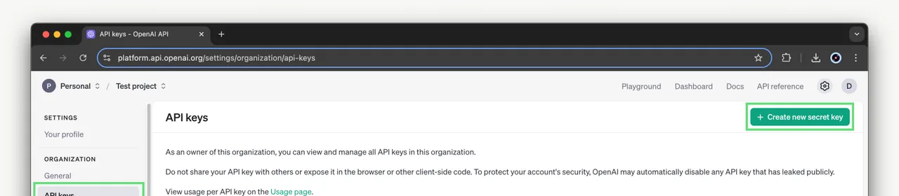 API keys page with Create new secret key highlighted