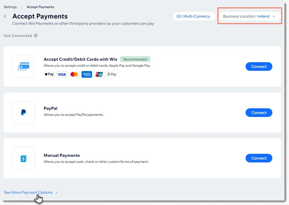 Wix Accept Payments dashboard with payment providers and Connect buttons