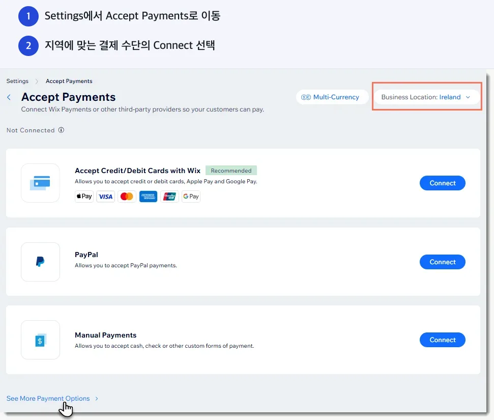 Settings에서 Accept Payments로 이동. 지역에 맞는 결제 수단의 Connect 선택